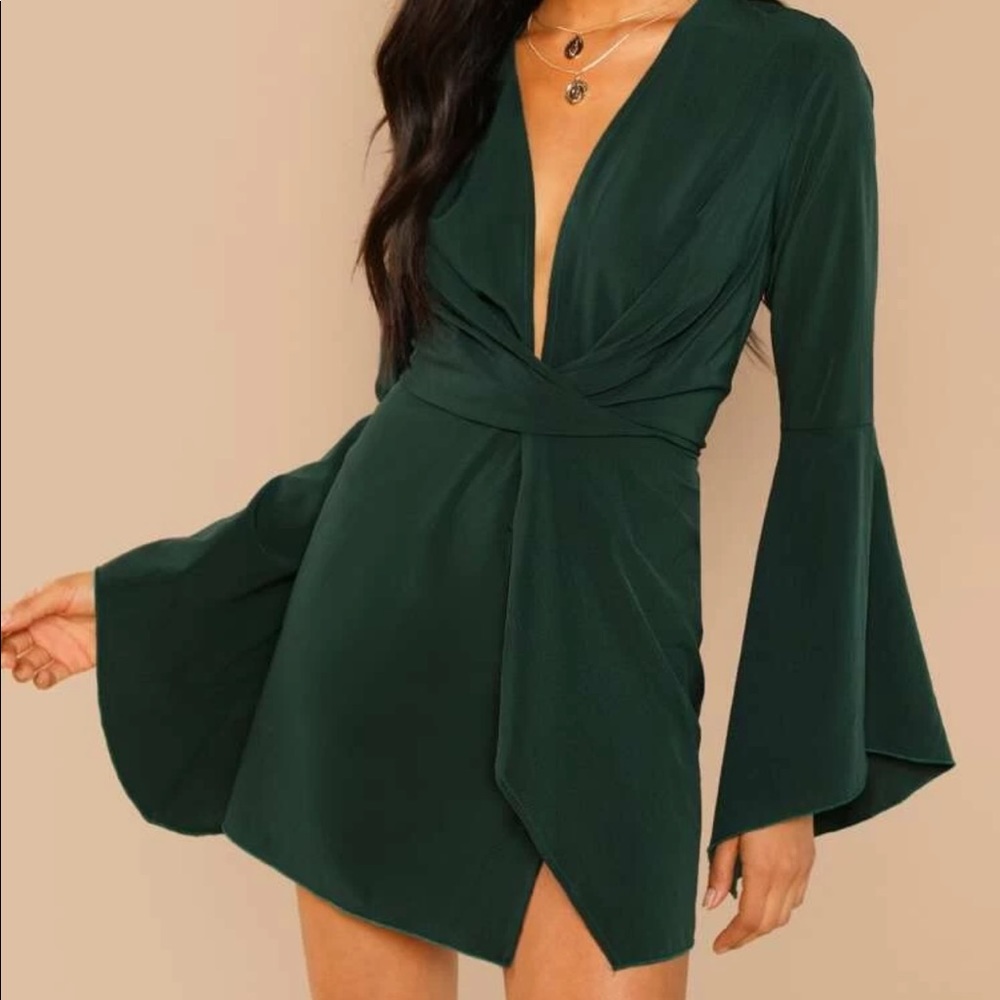 Bell Sleeve Plunging Neck Dress